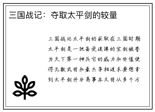 三国战记：夺取太平剑的较量