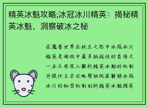 精英冰魁攻略;冰冠冰川精英：揭秘精英冰魁，洞察破冰之秘